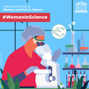 Cientista com o logo do Dia Internacional das Mulheres e Meninas na Ciência.
