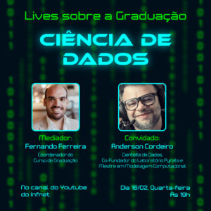 Imagem de fundo escuro, com a foto do professor Fernando e do professor Anderson. Professor Fernando é um homem calvo, de pele clara, barba e camisa branca. Professor Anderson é um homem branco, de óculos preto e barba rala. Na foto, o professor Anderson está de fone de ouvido com microfone aparecendo. Na imagem é possível ler o nome e a formação dos professores. A live ocorreu no dia 16 de fevereiro, às 19h, no Youtube